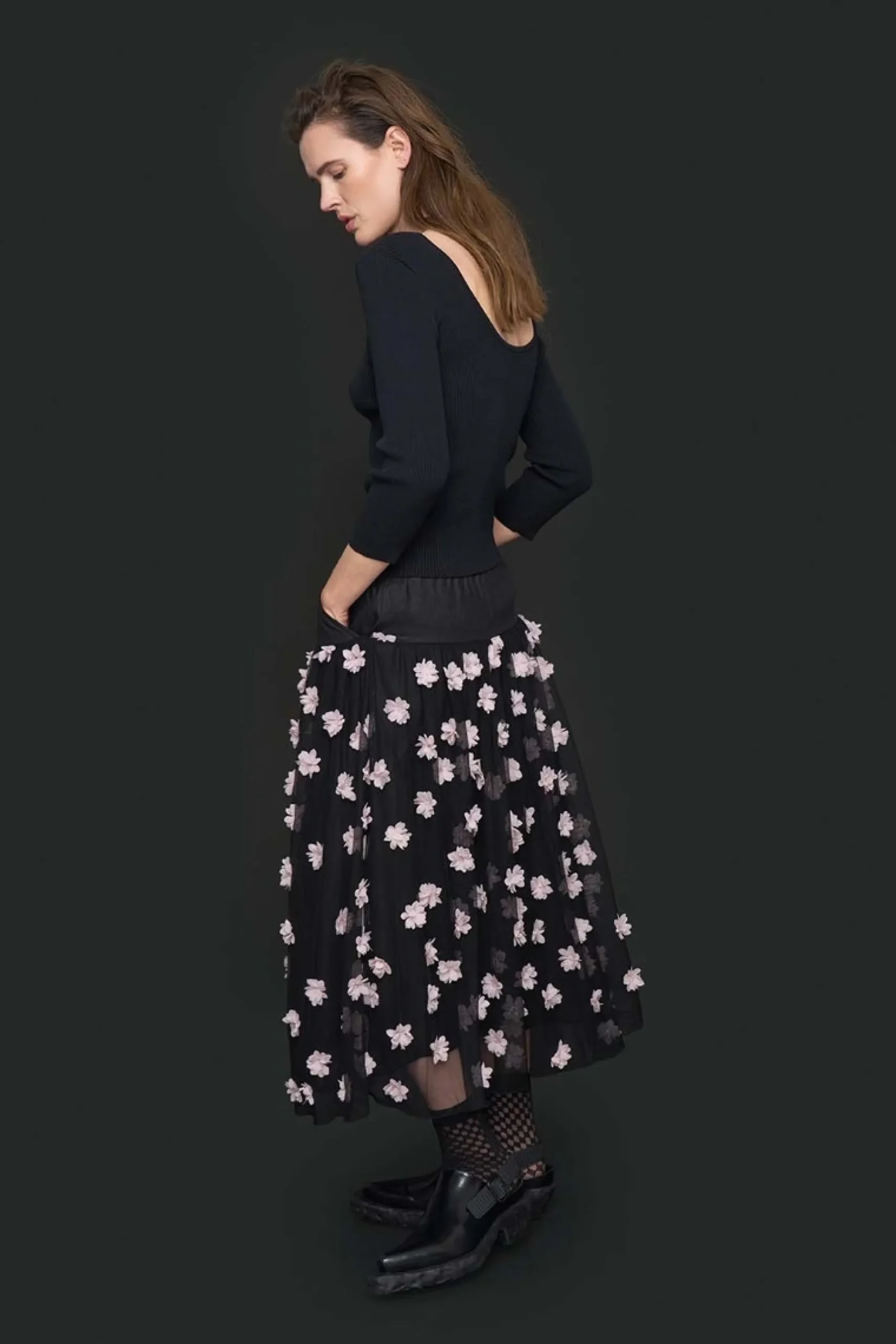 Nederdele<BITTE KAI RAND Blossom mesh nederdel BLACK/PALEPINKFLOWER